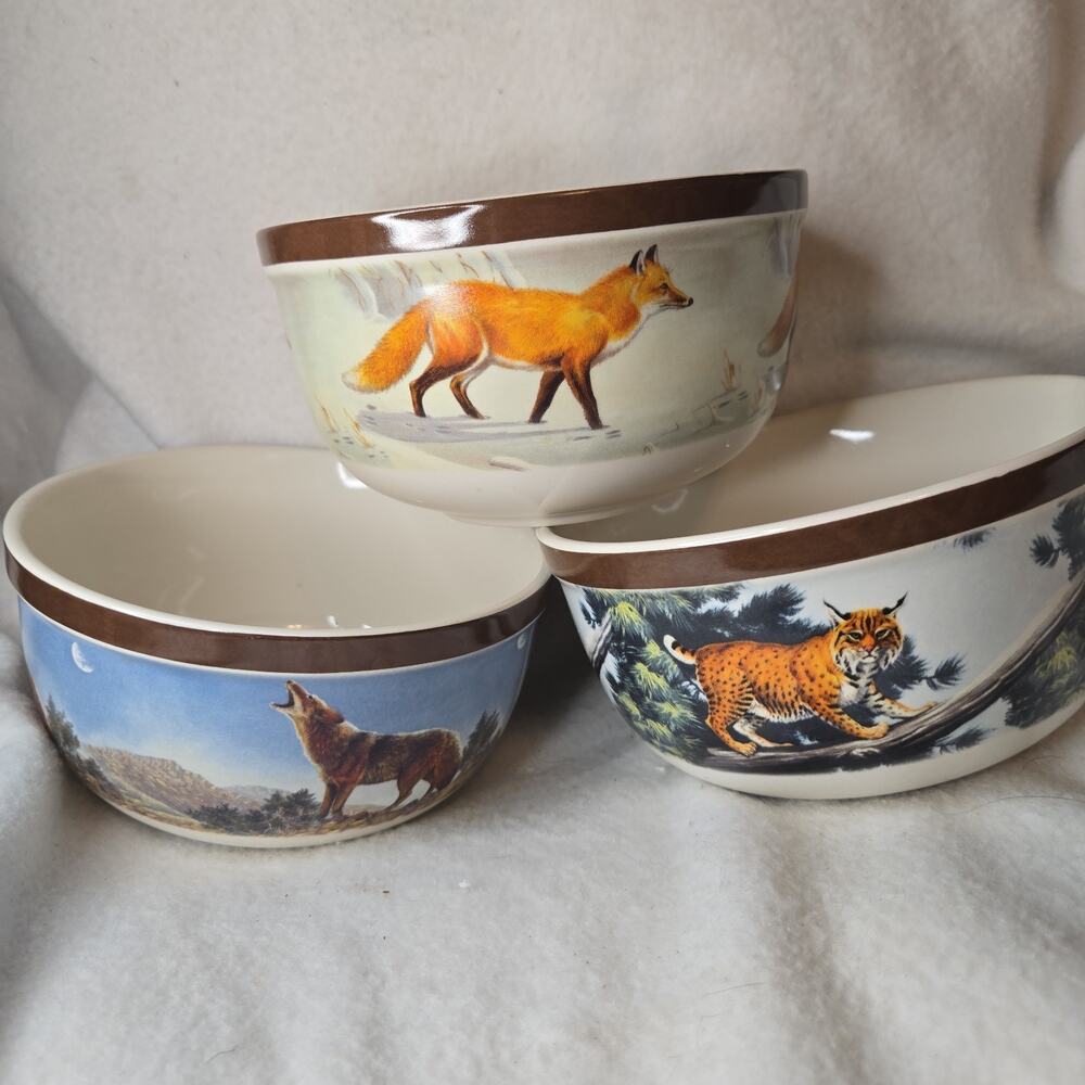 National Wildlife Federation Set Of 3 Cereal/Soup Bowls 5 3/4" Bobcat,wolf & Fox